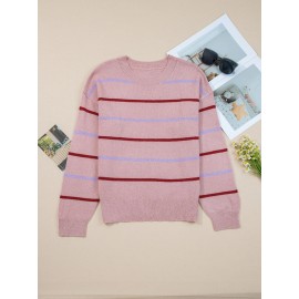 Women'S Multicolor Striped Round Neck Sweater Dress - Long Sleeve A-Line Mini Dress with Multicolor Horizontal Stripes (Pink/) | Spring/Fall Casual to Semi-Formal Outfits | Easy-Care Round Neck Design & Versatile Layering Piece