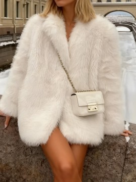 Women's Winter Warm Shaggy Faux Fur Jacket - Oversized Lapel Coat with Lapel Collar & Button Front, Soft Fuzzy Outerwear Suitable for Fall/Winter, Machine Washable Cozy Jacket