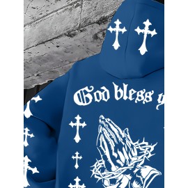 Men'S Christian Faith Hooded Sweatshirt with Prayer Hands & Cross Design - All-Season Casual Pullover, Machine Washable, Kangaroo Pocket & Drawstring Hood, Plus Size, Church Activities & Casual Attire