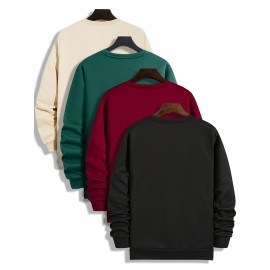 [Men's Crew Neck] 4pcs Men'S Casual Crew Neck Sweatshirts, 100% Polyester Knit Fabric, Long Sleeve, Loose Fit, Geometric Pattern, Slightly Elastic, PLUS SIZE