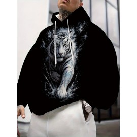 Men'S Plus-Size Hoodie with 3D Print Black Background And White Tiger Totem Design, a Trendy Streetwear Piece Featuring a Unique Animal Pattern, Plus Size