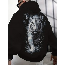 Men'S Plus-Size Hoodie with 3D Print Black Background And White Tiger Totem Design, a Trendy Streetwear Piece Featuring a Unique Animal Pattern, Plus Size