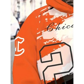 Men'S Chicago 22 Graphic Print Hoodie - Orange & Black Casual Pullover with Drawstring Pockets, Regular Fit Long Sleeve Sweatshirt for Spring/Fall, Daily Wear & Gifts, PLUS SIZE