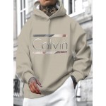 Men's Plus Size Oversized Hooded Sweatshirt - Khaki with Letter 'H' Print, Casual Pullover Hoodie, Machine Washable Comfortable Sweater for Big & Tall Men, PLUS SIZE