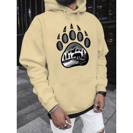 Plus-Size Men'S 3D Digital Print Bear Paw & Forest Graphic Hooded Sweatshirt - with Wildlife Design, Casual Long Sleeve Pullover, Regular Fit for Outdoor & Casual Attire, Nature-Inspired Men'S Fashion, Plus Size