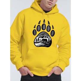 Plus-Size Men'S 3D Digital Print Bear Paw & Forest Graphic Hooded Sweatshirt - with Wildlife Design, Casual Long Sleeve Pullover, Regular Fit for Outdoor & Casual Attire, Nature-Inspired Men'S Fashion, Plus Size