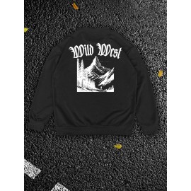 Men'S Plus Size Sweatshirt | Western Forest Print, Casual Street Style, Long Sleeve, Crew Neck, Regular Fit for Autumn-Winter