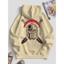 Spartan Men's Spartan Helmet and Spear Print Hooded Sweatshirt - Oversized Street Style Pullover in Beige with Red Spartan Print, Soft Warm Winter Top, Ideal Gift for History Enthusiasts, Casual Wear, Comfortable Clothing, Vintage Aesthetic, Durable