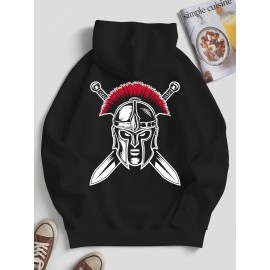 Spartan Men's Spartan Helmet and Spear Print Hooded Sweatshirt - Oversized Street Style Pullover in Beige with Red Spartan Print, Soft Warm Winter Top, Ideal Gift for History Enthusiasts, Casual Wear, Comfortable Clothing, Vintage Aesthetic, Durable