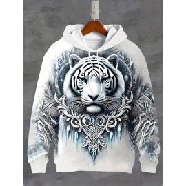 Men'S 3D Ice And Snow World Hoodie Featuring a White Tiger Design - a Long-Sleeve Casual Pullover with Drawstring Pockets, Adorned with Nature-Inspired Decorations And High-Quality Detailed Prints, Made from Machine-Washable Fabric, Plus Size
