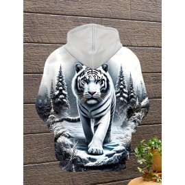 Men'S 3D Ice And Snow World Hoodie Featuring a White Tiger Design - a Long-Sleeve Casual Pullover with Drawstring Pockets, Adorned with Nature-Inspired Decorations And High-Quality Detailed Prints, Made from Machine-Washable Fabric, Plus Size