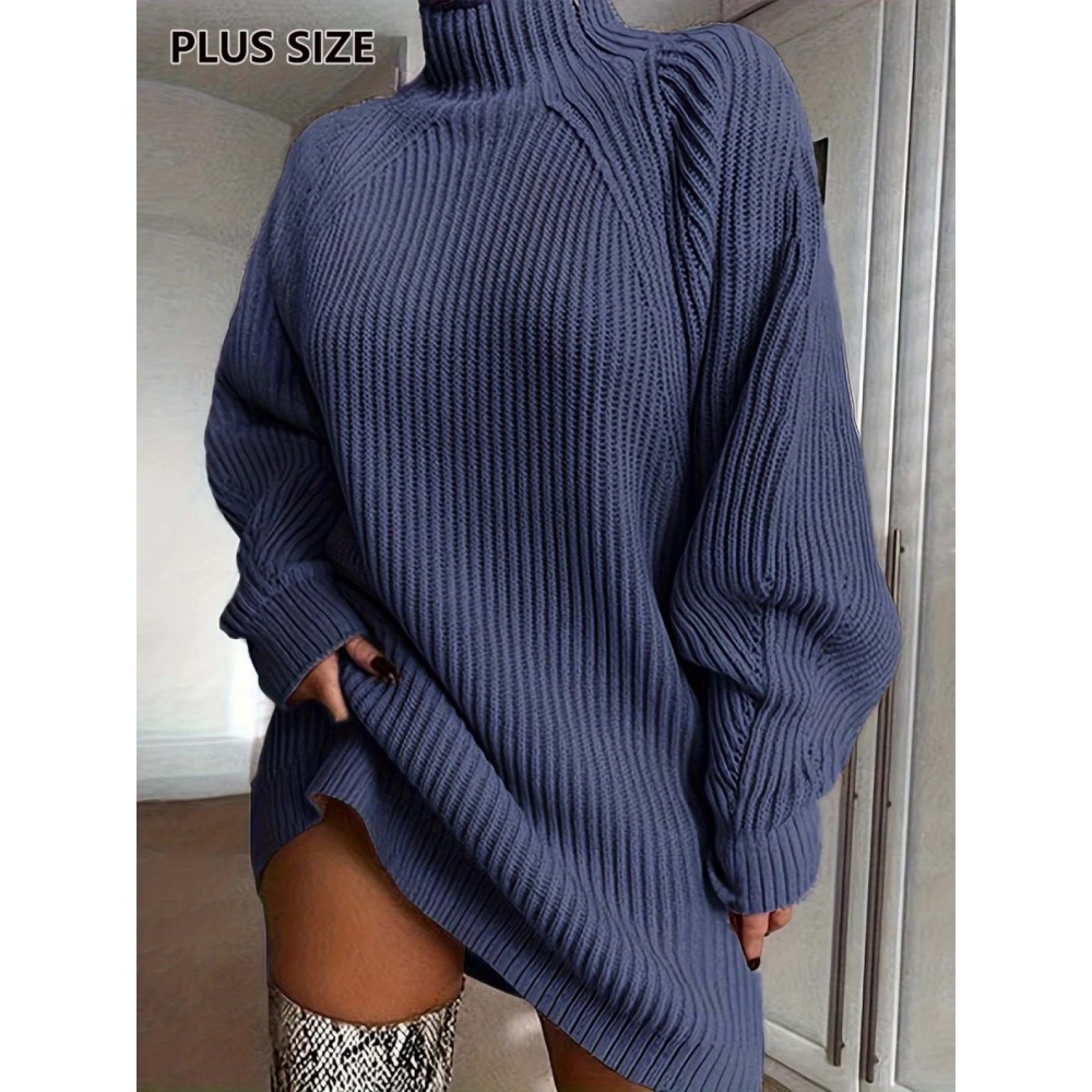 Plus Size, SCACTO Autumn and Winter Solid Color Versatile Loose Raglan Sleeve High Neck Women's Plus Size Sweater Dress