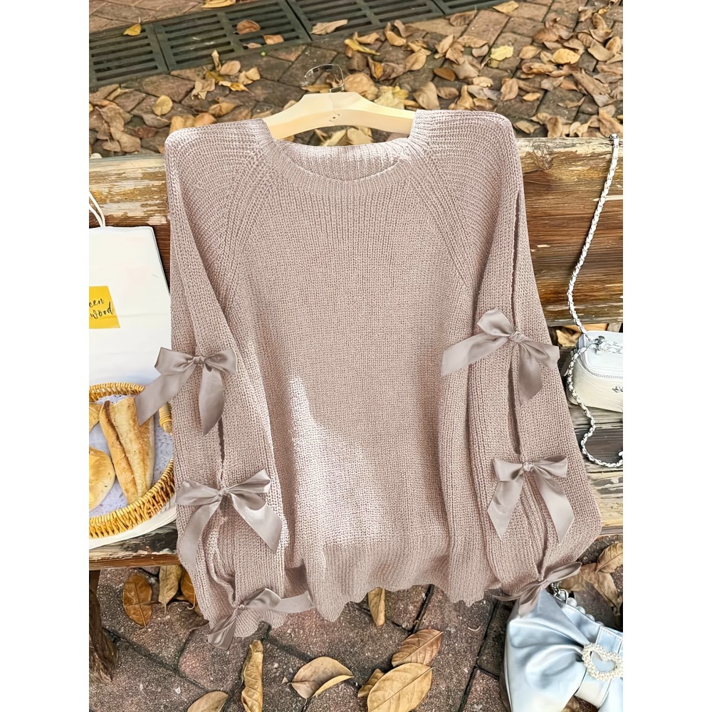 Plus Size, Two-piece plus-size retro sweet style, round-neck lantern sleeve bow sweater