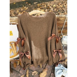 Plus Size, Two-piece plus-size retro sweet style, round-neck lantern sleeve bow sweater