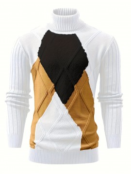 Men'S New Color-Blocked High-Neck Long-Sleeve Retro College-Style Knitted Base Layer for Casual Autumn And Winter
