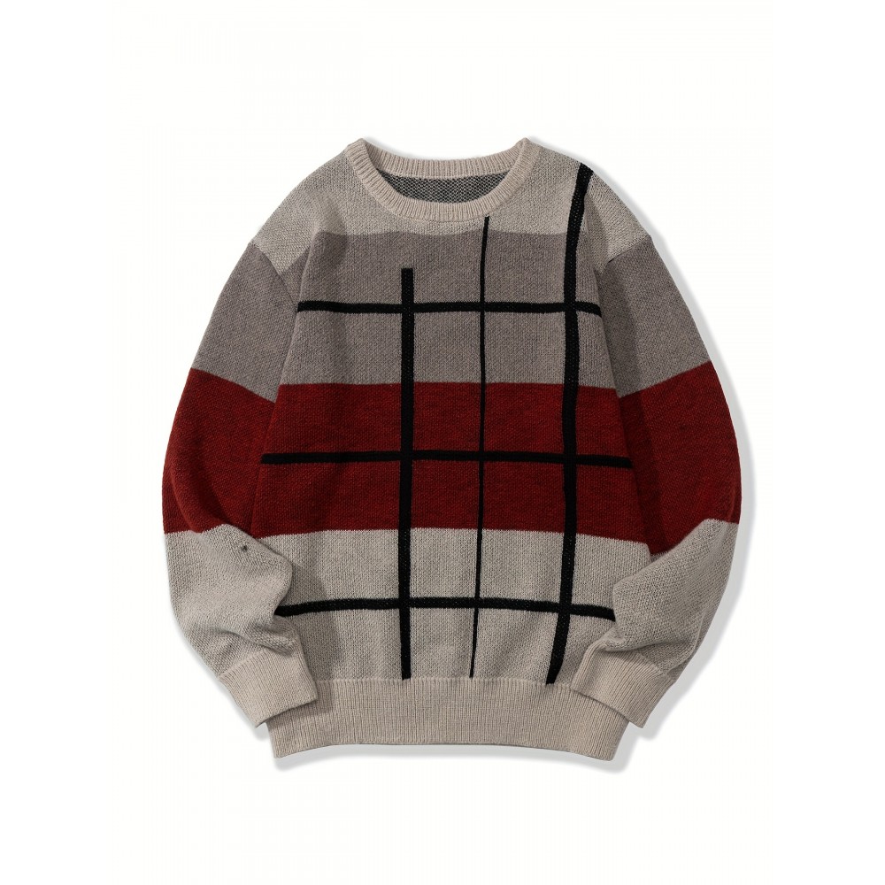 Men's Casual Color Block Knit Sweater, Soft Warm Pullover for Fall/Winter