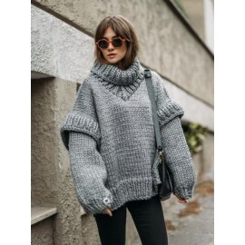 Women's European & American Style Oversized Loose-Fit High Neck Sweater - Soft Long Sleeve Winter Sweater with Fake Button Closure, Cozy Fall & Winter Sweater for Resort Wear, Casual or Dressy Outfits (White)