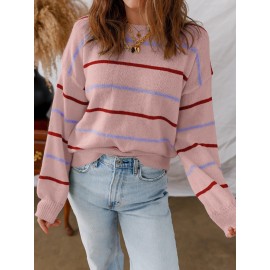 Women'S Multicolor Striped Round Neck Sweater Dress - Long Sleeve A-Line Mini Dress with Multicolor Horizontal Stripes (Pink/) | Spring/Fall Casual to Semi-Formal Outfits | Easy-Care Round Neck Design & Versatile Layering Piece