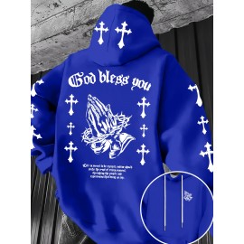 Men'S Christian Faith Hooded Sweatshirt with Prayer Hands & Cross Design - All-Season Casual Pullover, Machine Washable, Kangaroo Pocket & Drawstring Hood, Plus Size, Church Activities & Casual Attire