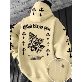 Men'S Christian Faith Hooded Sweatshirt with Prayer Hands & Cross Design - All-Season Casual Pullover, Machine Washable, Kangaroo Pocket & Drawstring Hood, Plus Size, Church Activities & Casual Attire