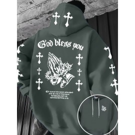 Men'S Christian Faith Hooded Sweatshirt with Prayer Hands & Cross Design - All-Season Casual Pullover, Machine Washable, Kangaroo Pocket & Drawstring Hood, Plus Size, Church Activities & Casual Attire