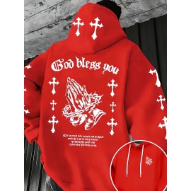 Men'S Christian Faith Hooded Sweatshirt with Prayer Hands & Cross Design - All-Season Casual Pullover, Machine Washable, Kangaroo Pocket & Drawstring Hood, Plus Size, Church Activities & Casual Attire