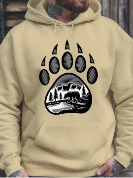 Plus-Size Men'S 3D Digital Print Bear Paw & Forest Graphic Hooded Sweatshirt - with Wildlife Design, Casual Long Sleeve Pullover, Regular Fit for Outdoor & Casual Attire, Nature-Inspired Men'S Fashion, Plus Size